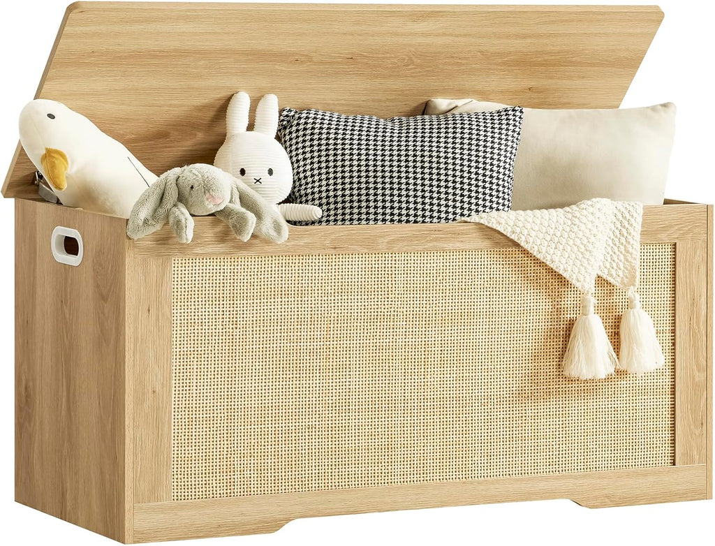 usikey 39.4” Storage Chest, Toy Box with 2 Safety Hinges, Toy Chest for Bedroom, Storage Bench with Storage, Shoe Bench, Supports 220 lb, for Living Room, Entryway, Natural