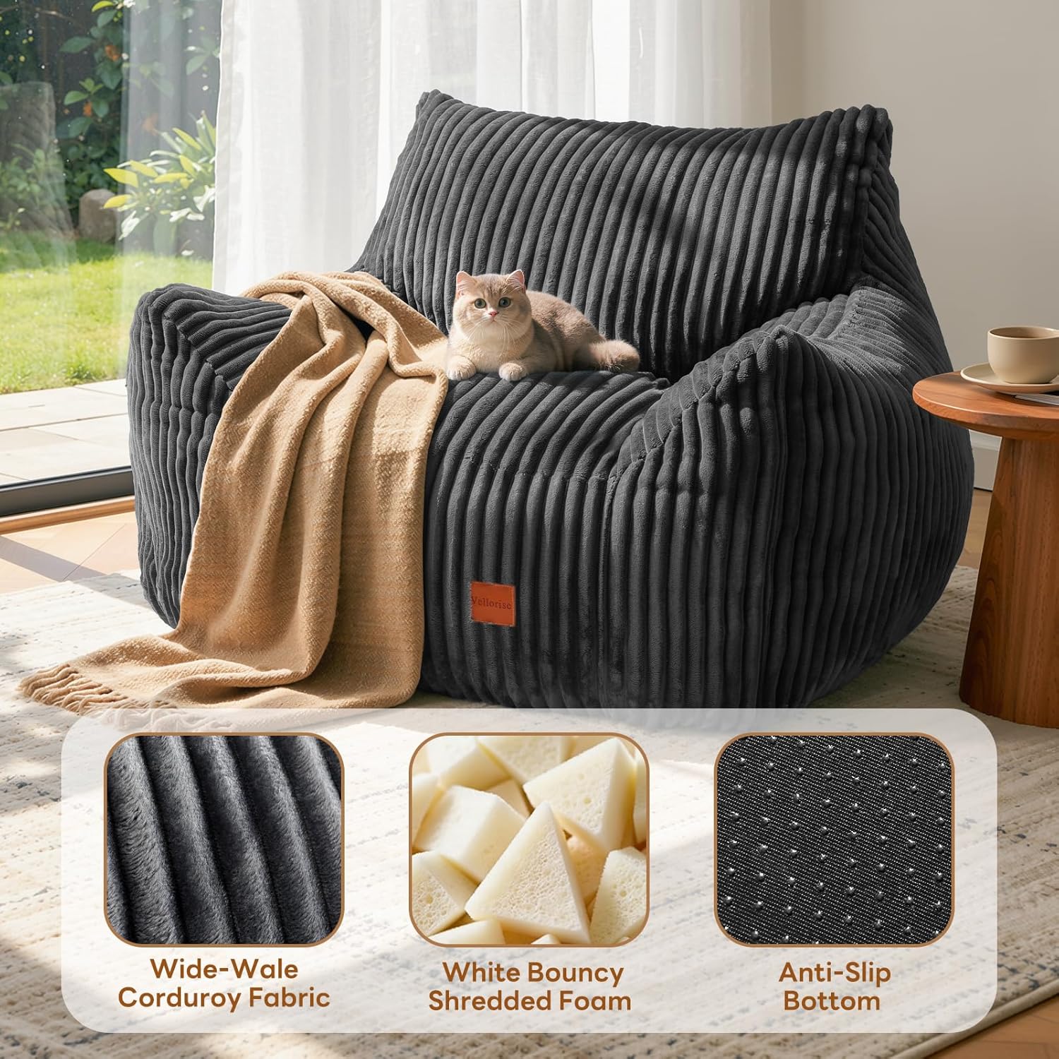 Giant Bean Bag Chair, Oversized Bean Bag Couch for Adults, Fluffy Corduroy BeanBag with Armrests for Living Room, Bedroom, Dorm Vacuum-Compressed for Easy Gifting, 48h to Expand, Dark Gray
