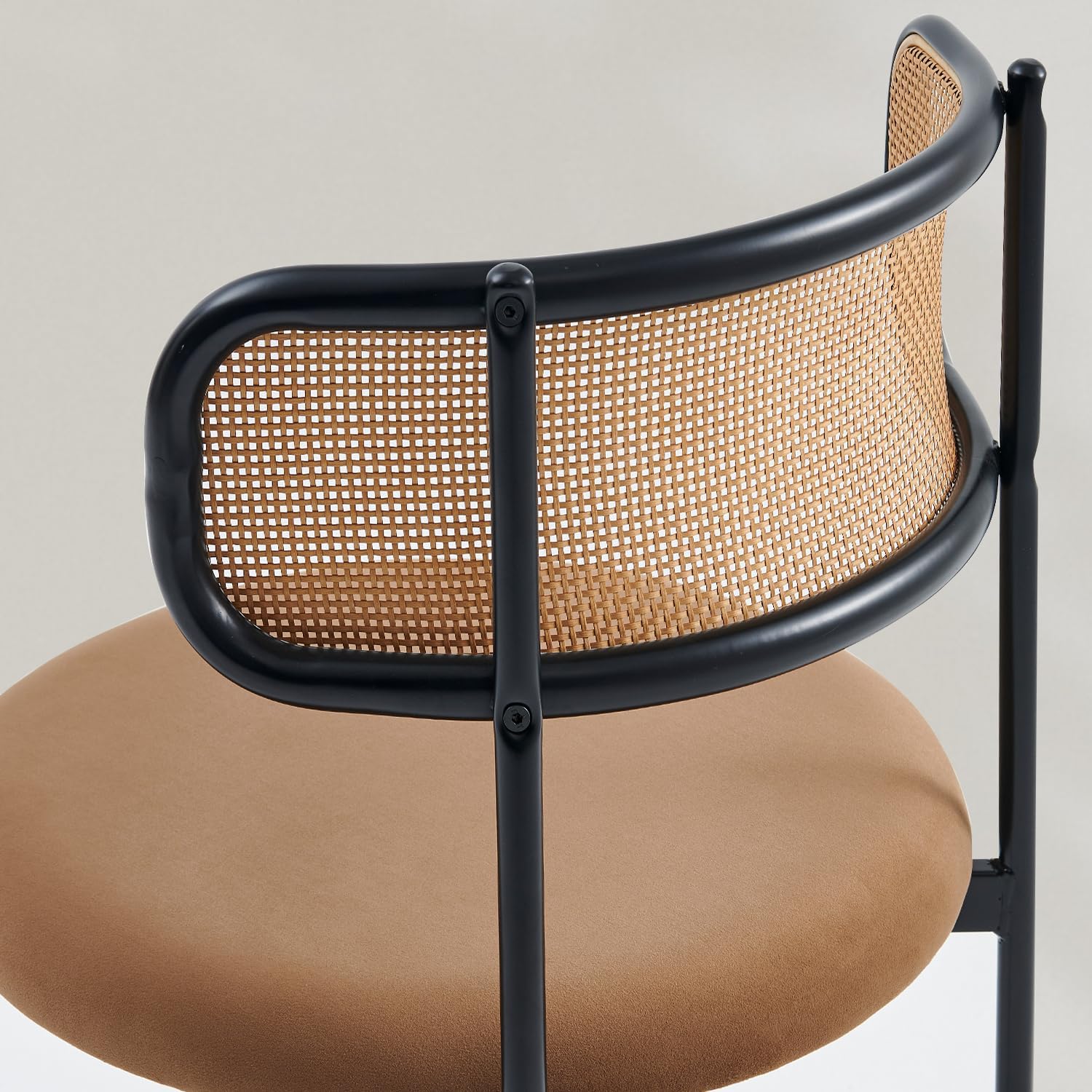 Rattan Dining Chairs Set of 6, Velvet Mid-Century Modern Upholstered Dining Chairs with Woven Cane Backrest, Brown Kitchen Dining Room Chairs