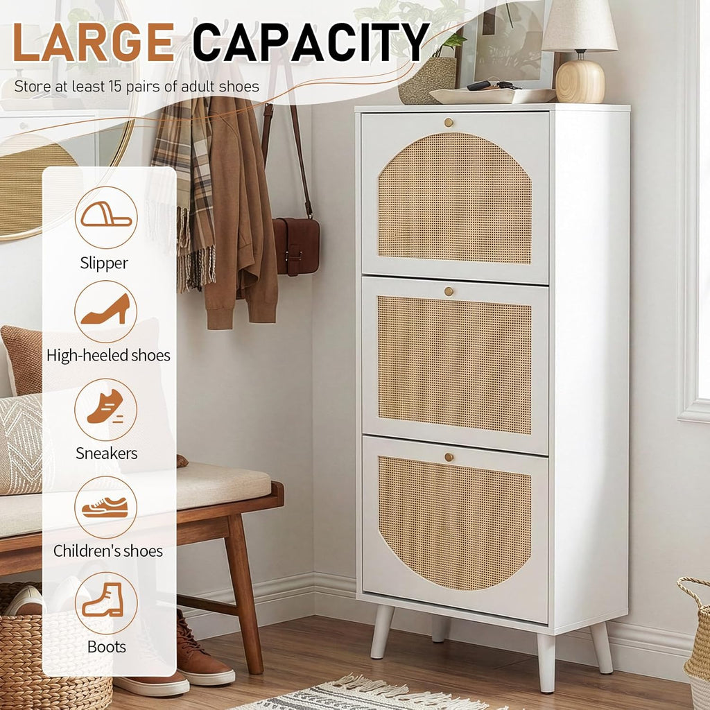 Karl home Shoe Rack Storage Organizer, Rattan-Panel 3-Tilt-Out Shoe Storage Cabinet, Hidden Shoe Storage for Entryway,Ideal for Heels,Slippers,Casual Shoes, White