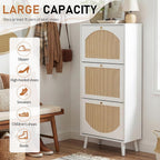 Karl home Shoe Rack Storage Organizer, Rattan-Panel 3-Tilt-Out Shoe Storage Cabinet, Hidden Shoe Storage for Entryway,Ideal for Heels,Slippers,Casual Shoes, White
