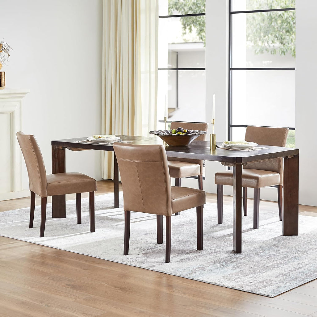 Watson & Whitely Upholstered Dining Chairs Set of 4, Faux Leather Armless Dining Room Chairs with Solid Wood Legs & Back Side Chair for Kitchen, Living Room, Restaurant, Saddle Brown