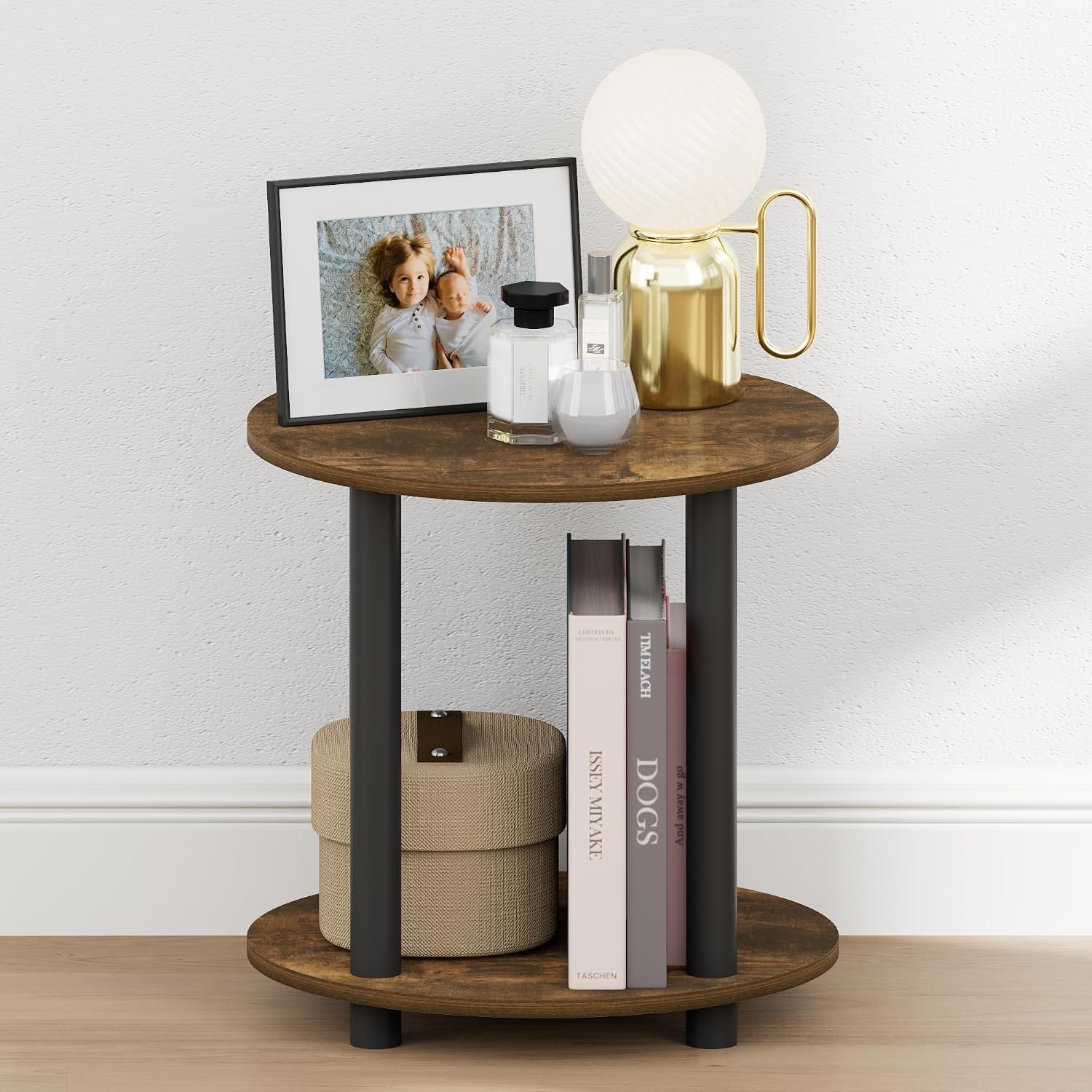 Furinno Turn-N-Tube Night Stand, 2-Tier Small Round Nightstand, Toolless Assembly End Table with Open Shelf, Bedside Table, Side Table, for Bedroom, Closet, Dorm, Amber Pine