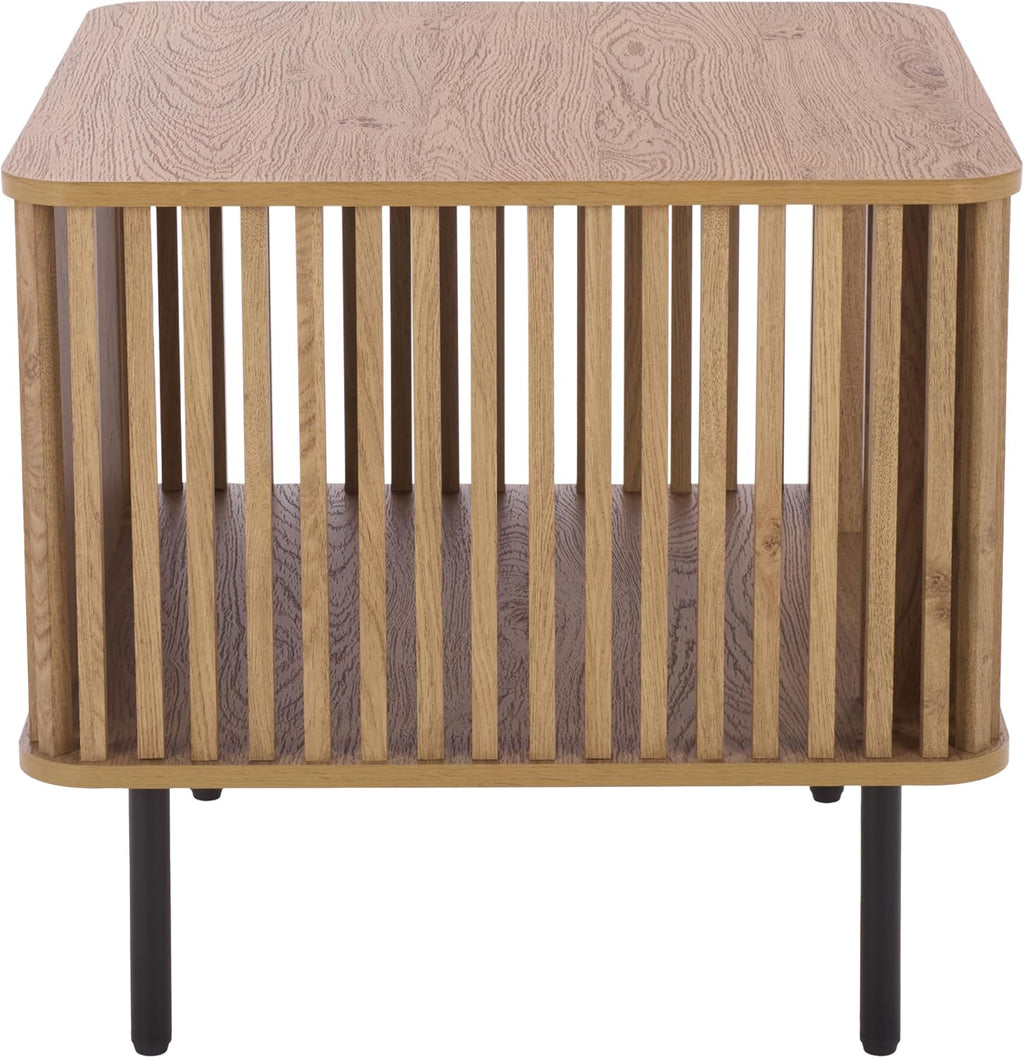 SAFAVIEH Home Collection – Kiyoshi Square Accent Table, Oak Finish & Black Metal Legs, Modern Accent Table for Living Room or Bedroom (ACC3600A)