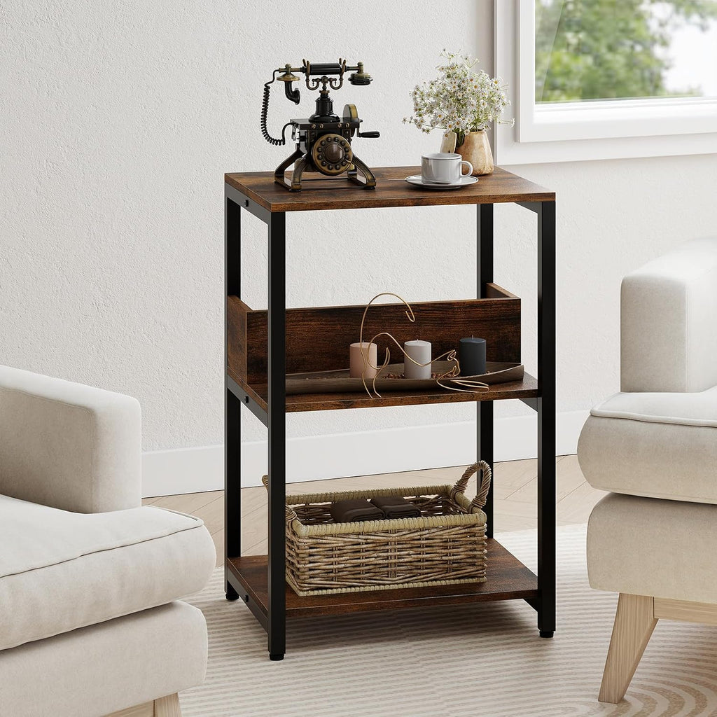 Giantex Side Table with Charging Station - Industrial 3-Tier Bedside Table w/Open Storage Shelves, Sofa End Tables Night Stands for Small Spaces Living Room Bedroom Home Office, Rustic Brown (1)