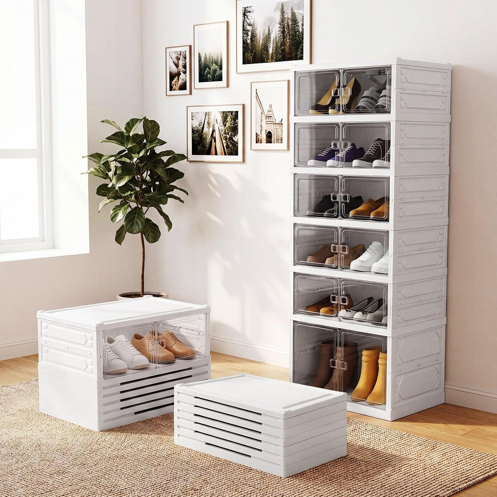 Giantex 6-Tier Foldable Shoe Rack Organizer, 12 Pairs Plastic Shoe Storage Box w/Magnetic Door, Space-Saving Collapsible Shoe Shelf for Entryway Living Room Cloakroom Closet, Easy Assembly