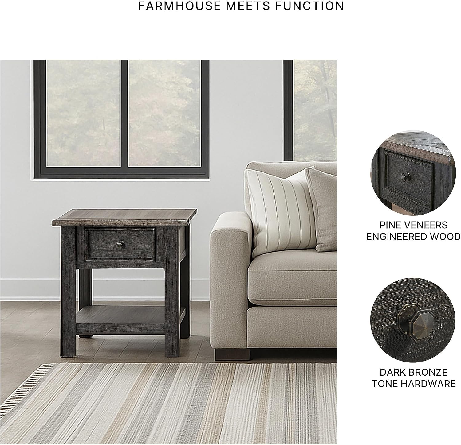 BOWERY HILL Contemporary Wood End Table, Grayish Brown and Black Finish, 1 Drawer and Bottom Shelf, Dark Bronze-Tone Hardware, 25.13" H x 24" W x 27" D, Shabby Chic Living Room Accent