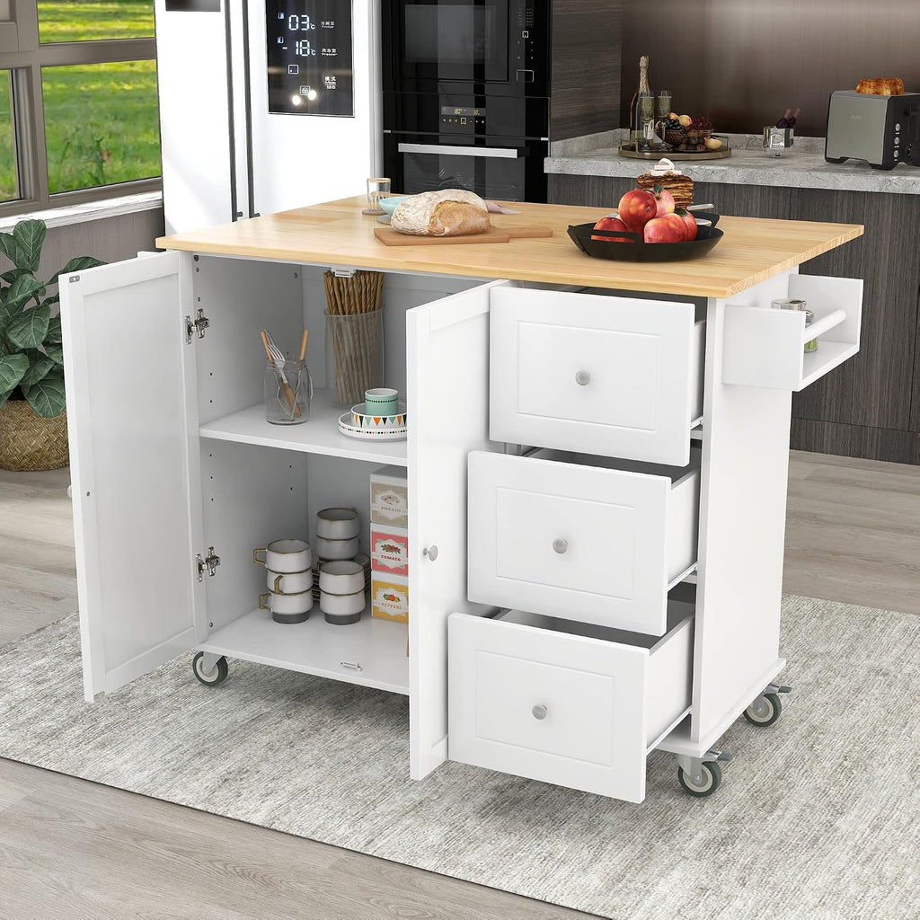 COMHOMA Mobile Kitchen Island with Solid Wood Top and Locking Wheels,Storage Cabinet and Drop Leaf Breakfast Bar,Spice Rack, Towel Rack & Drawer