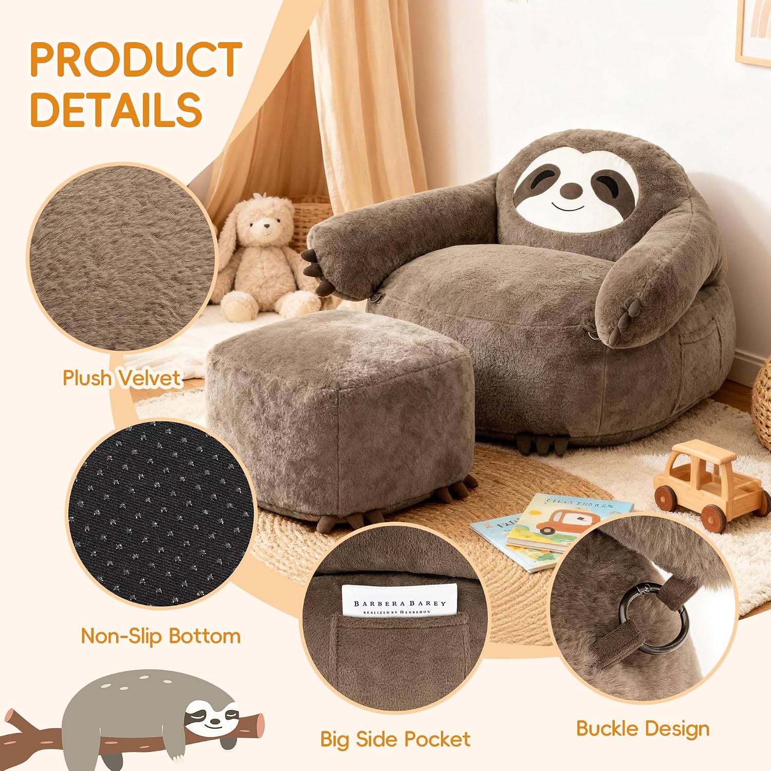 OUTREE Kids Sofa, Giant Sloth Design Bean Bag Chairs for Adults Teen with Sensory Needs, Adjustable Plush Armrest Like a Huggable, Soft Floor Sofa with Footstool‌ for Reading, Relaxing in Living Room