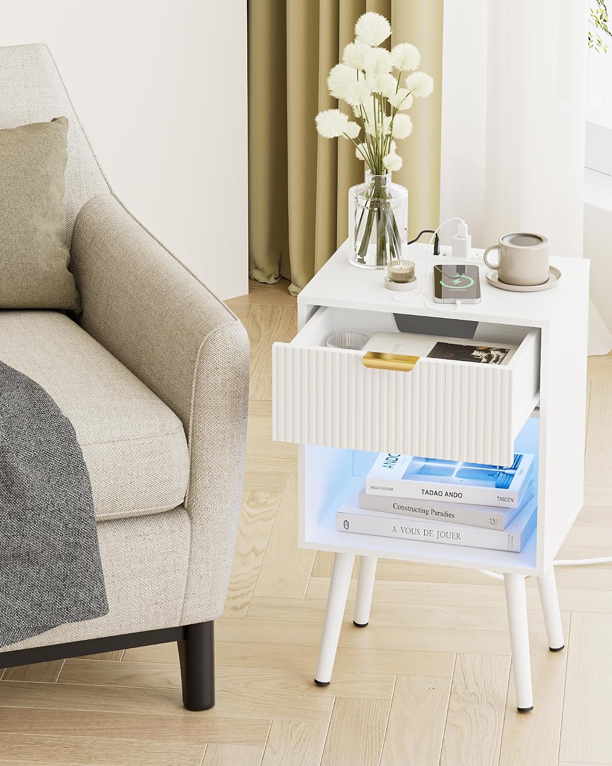 White Fluted Nightstand with Charging Station, Modern Bedside Table with Storage Drawer, Wood Night Stand Side End Table for Bedroom, Living Room, Office