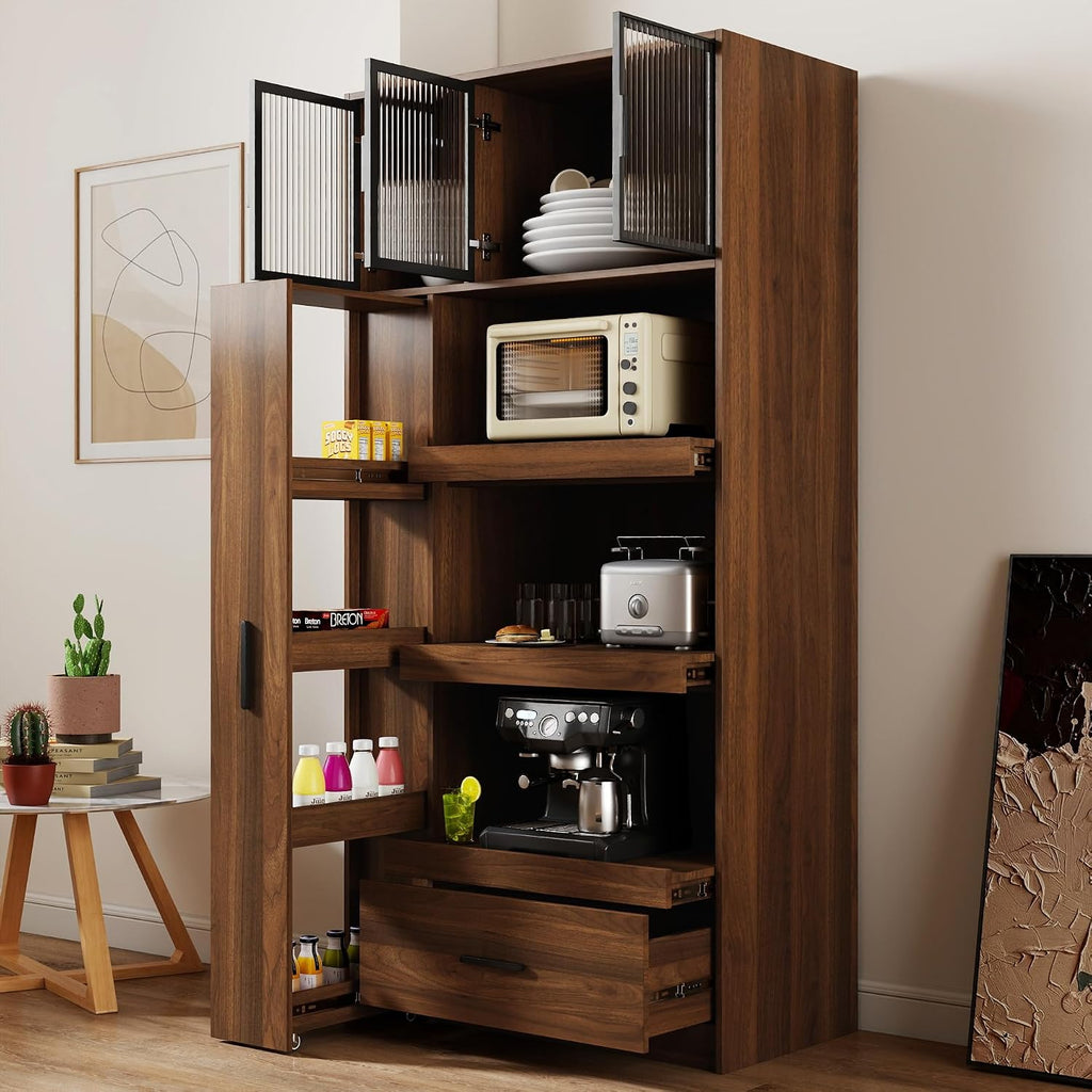 70.87" Tall Freestanding Kitchen Pantry Cabinet w/Multi-Tier Pull-Out Shelf, 1 Drawer, Aluminum Frame Glass Door, Microwave Stand & Coffee Bar for Dining/Living Room