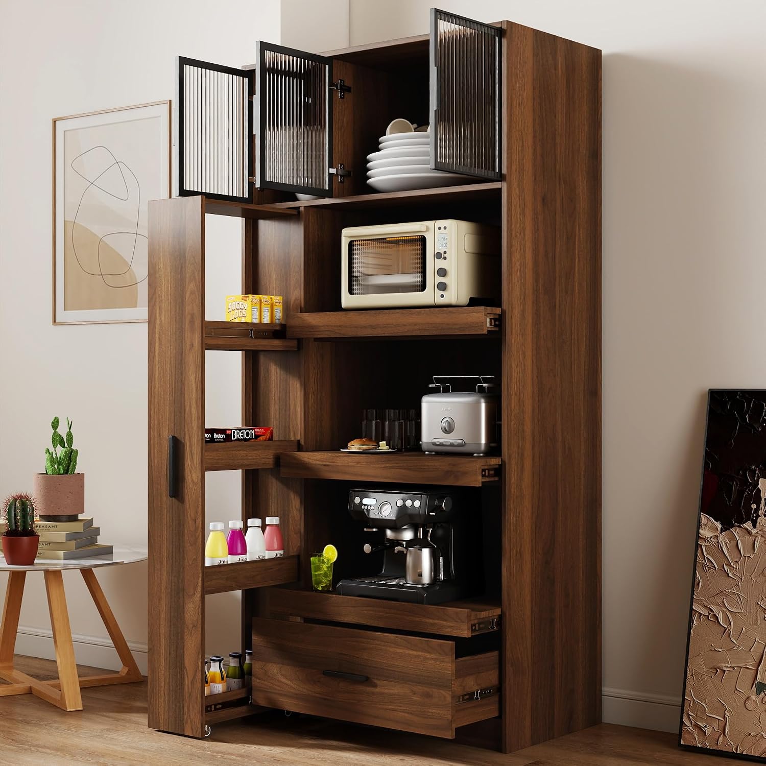 70.87" Tall Freestanding Kitchen Pantry Cabinet w/Multi-Tier Pull-Out Shelf, 1 Drawer, Aluminum Frame Glass Door, Microwave Stand & Coffee Bar for Dining/Living Room