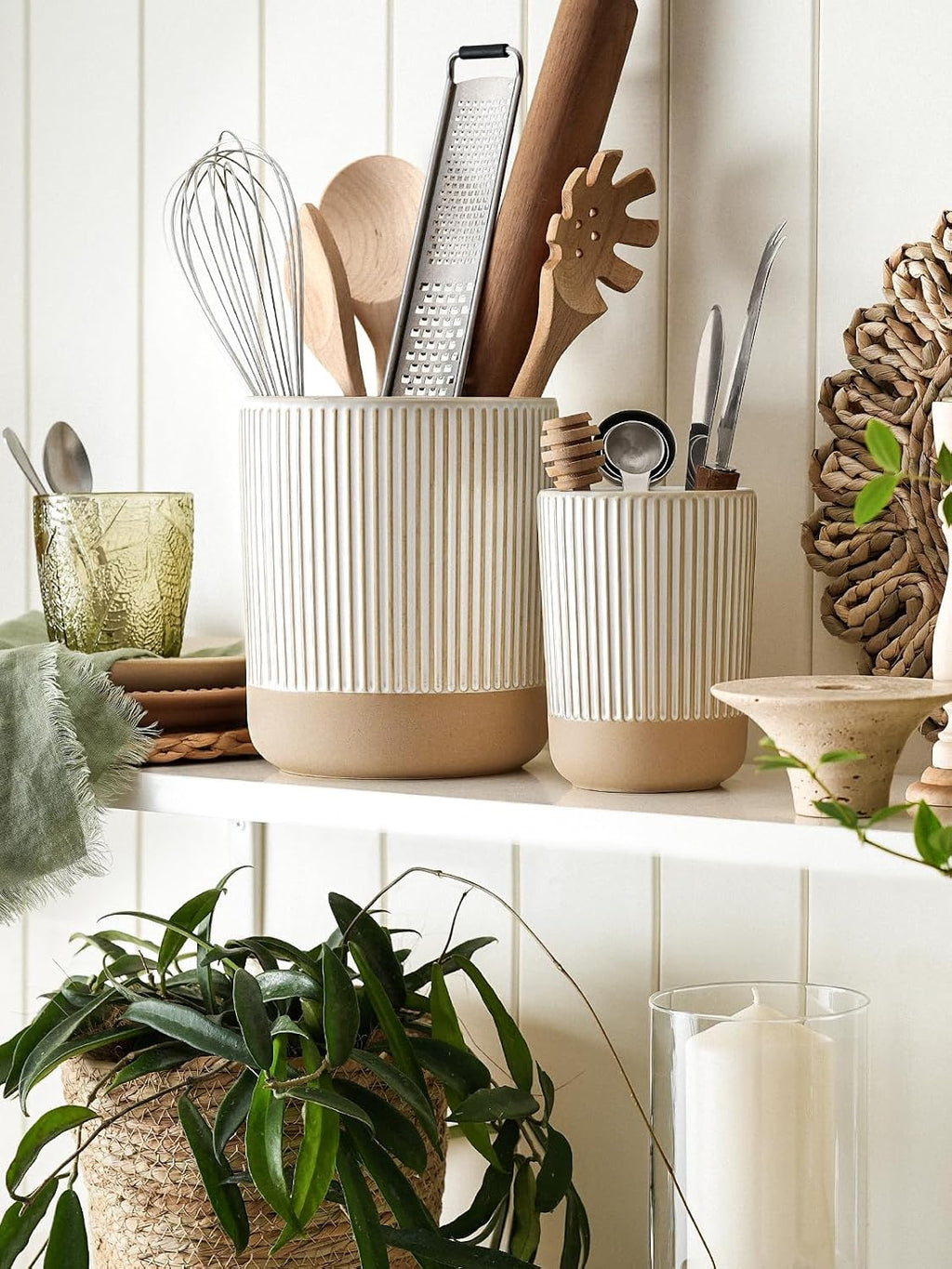 LE TAUCI Ceramic Kitchen Utensil Holder Set of 2 - 6.9"+5.3" Large Cooking Utensil Crock & Organizer for Spatula, Spoon, Whisk - Farmhouse Countertop Storage, Cream Beige, Line