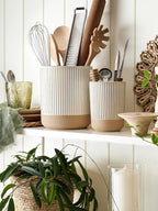 LE TAUCI Ceramic Kitchen Utensil Holder Set of 2 - 6.9"+5.3" Large Cooking Utensil Crock & Organizer for Spatula, Spoon, Whisk - Farmhouse Countertop Storage, Cream Beige, Line