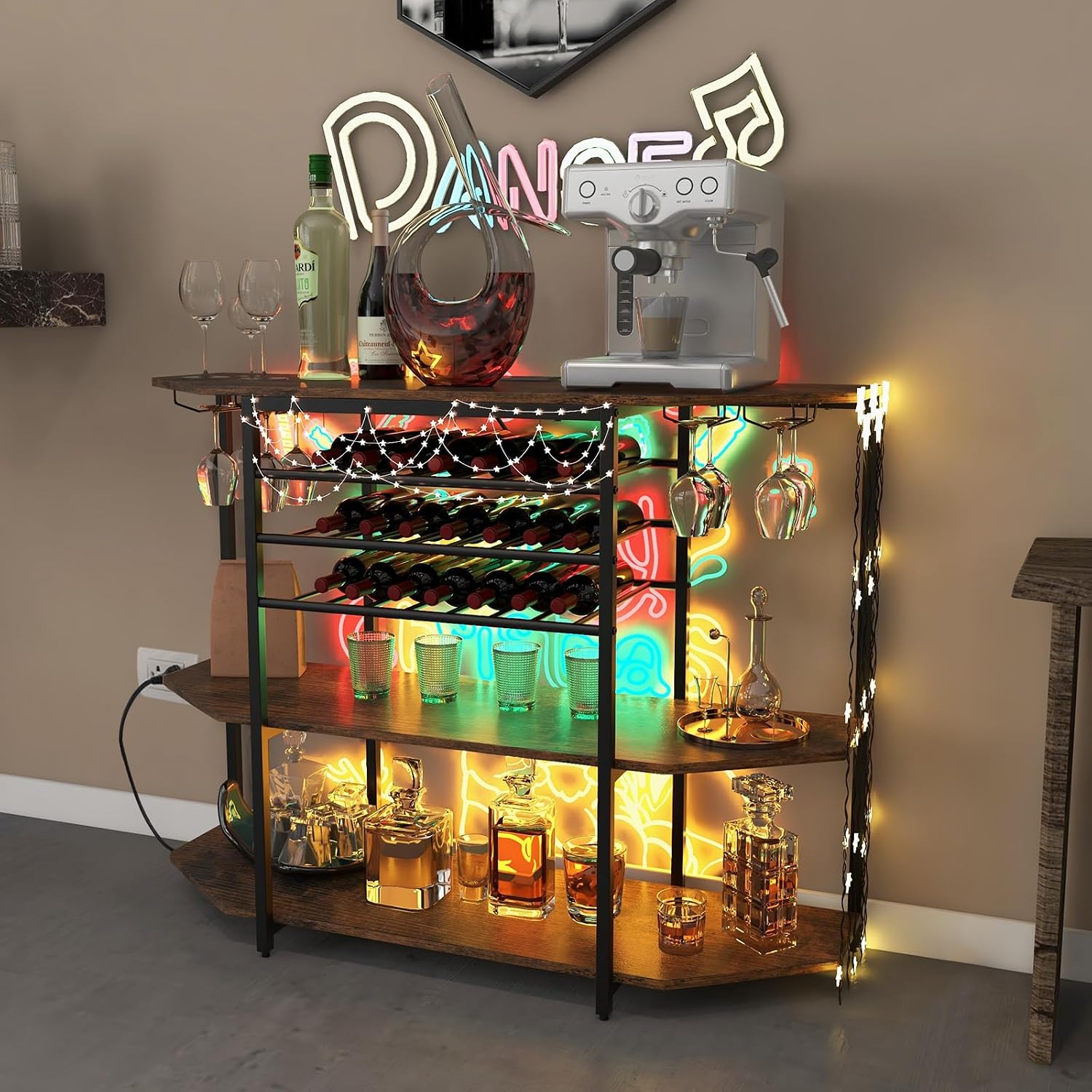 COSTWAY Wine Bar Cabinet, 3-Tier Liquor Cabinet with Power Outlets, Wine Bottle Racks, Glass Holders, Coffee Bar Cabinet, Freestanding Mini Bar Table for Kitchen, Dining Room, Pub (Rustic Brown)