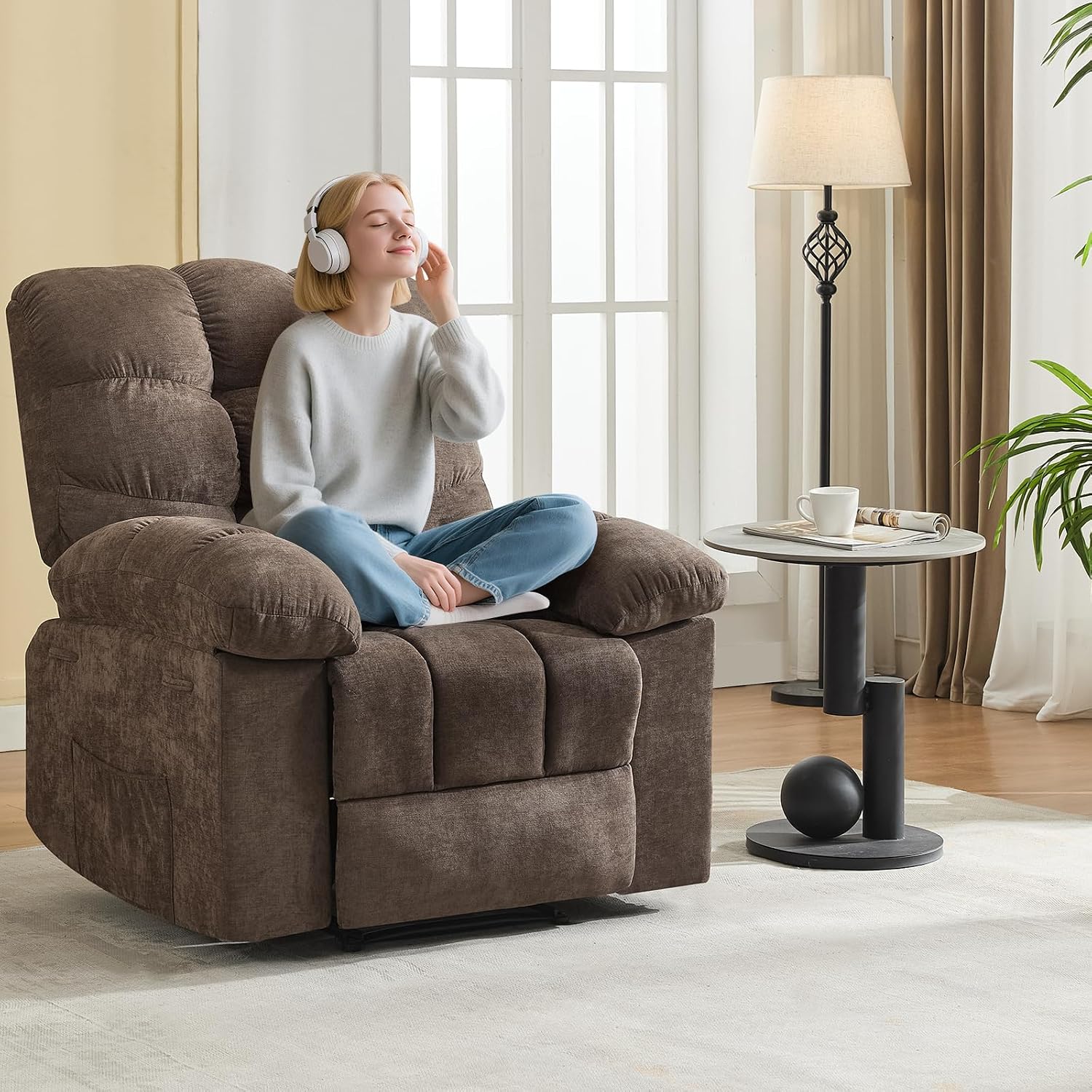 Rocking Recliner Chair with Massage & Heat, Overstuffed Fabric Upholstery, Remote Control, Side Pockets, for Living Room, Bedroom, Nursery, Home Theater, Coffee