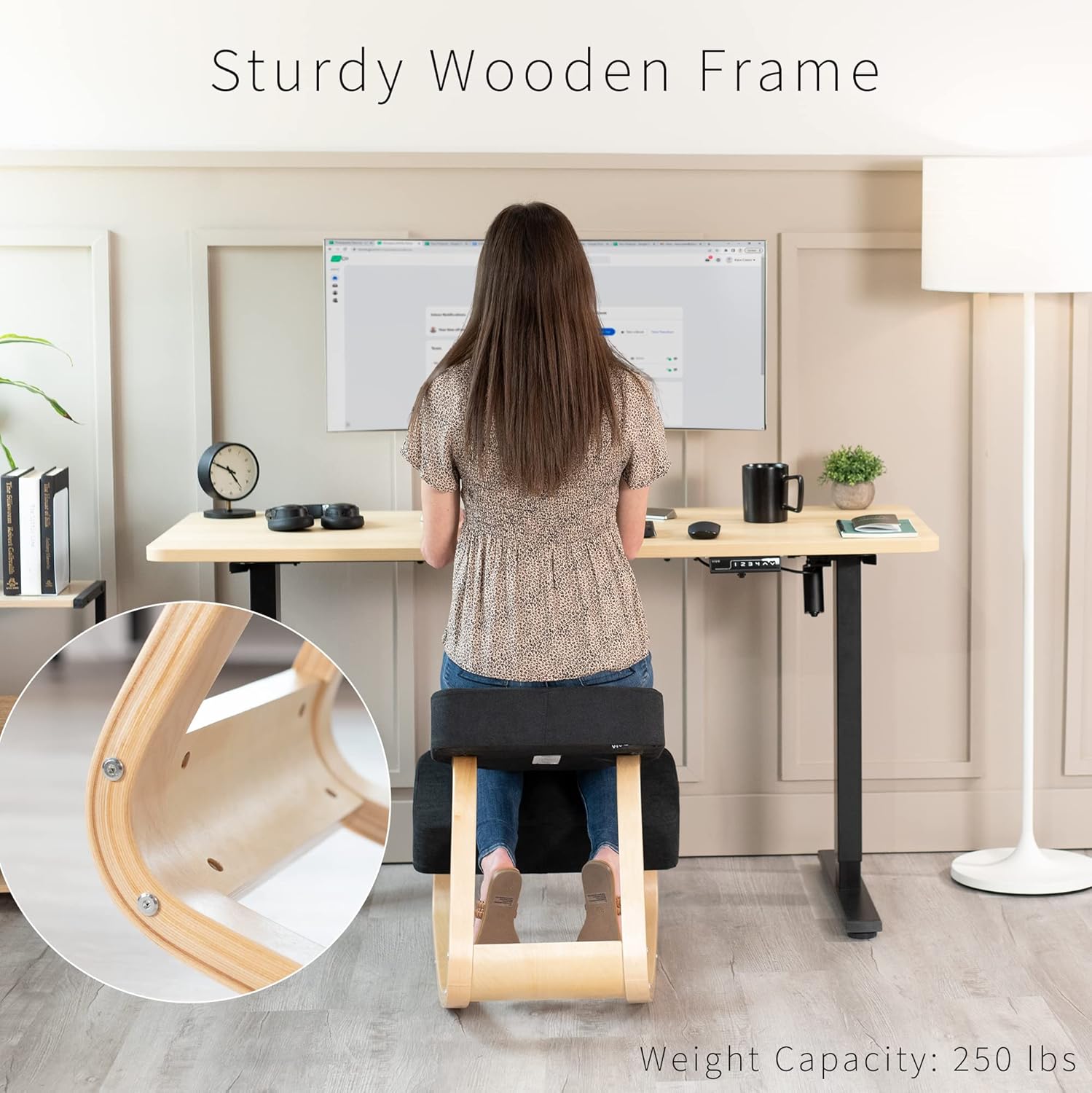 VIVO Wooden Rocking Kneeling Chair, Ergonomic Home Office Stool Posture Seat, Thick Black Cushions, Light Wood Frame, CHAIR-K04R