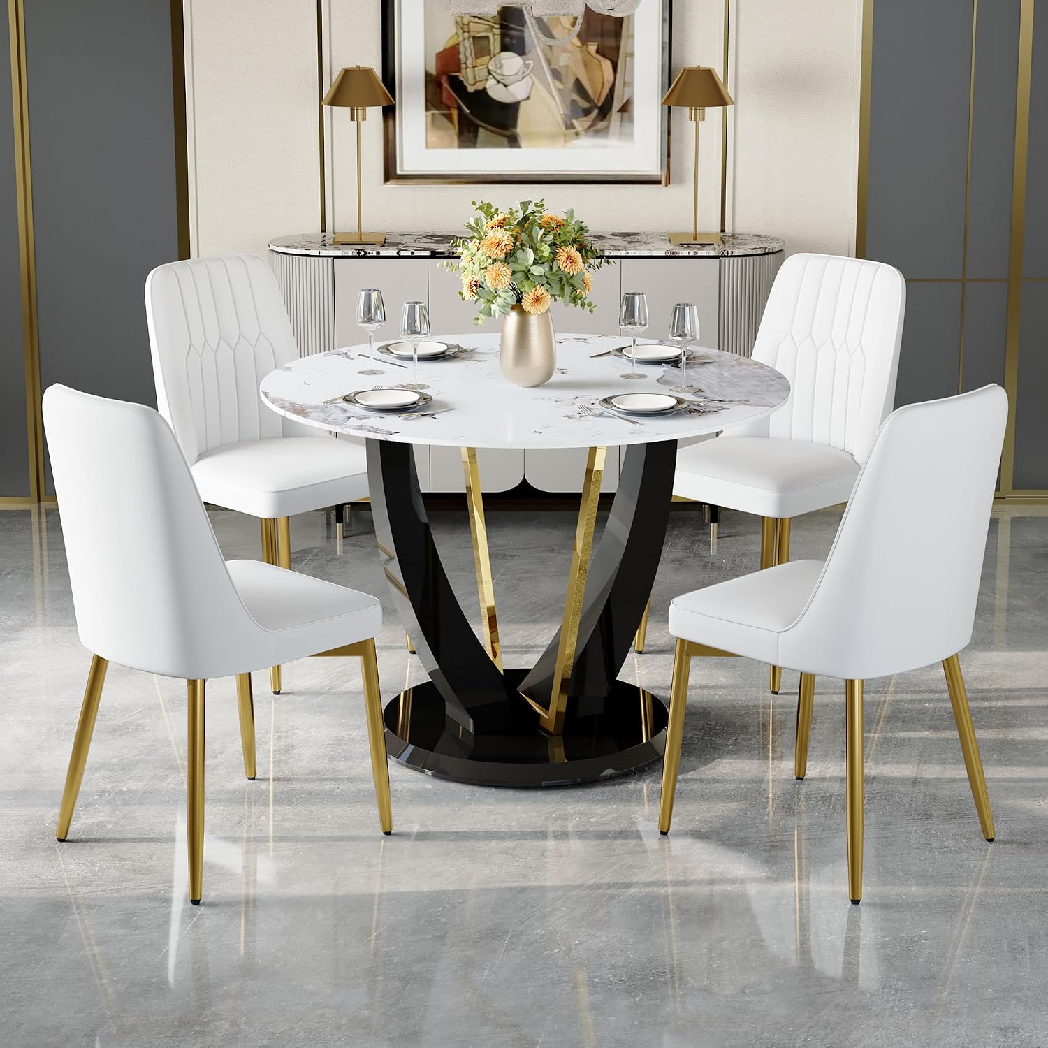 Modern Dining Chairs Set of 4,Upholstered Dining Room Chairs,Kitchen Chairs with Soft Backrest & Gold Metal Legs,Armless Dining Chairs for Kitchen Dining Living Room, White