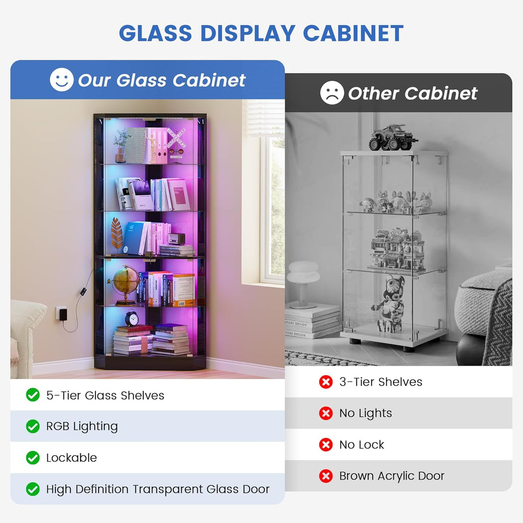 Lvifur Corner Display Cabinet with RGB Lights,5-Tiers Curio Cabinet Display Case with Lock,69" Tall Showcase Display Shelf for Collectibles, Living Room Bookcase Glass Display Cabinet,Black