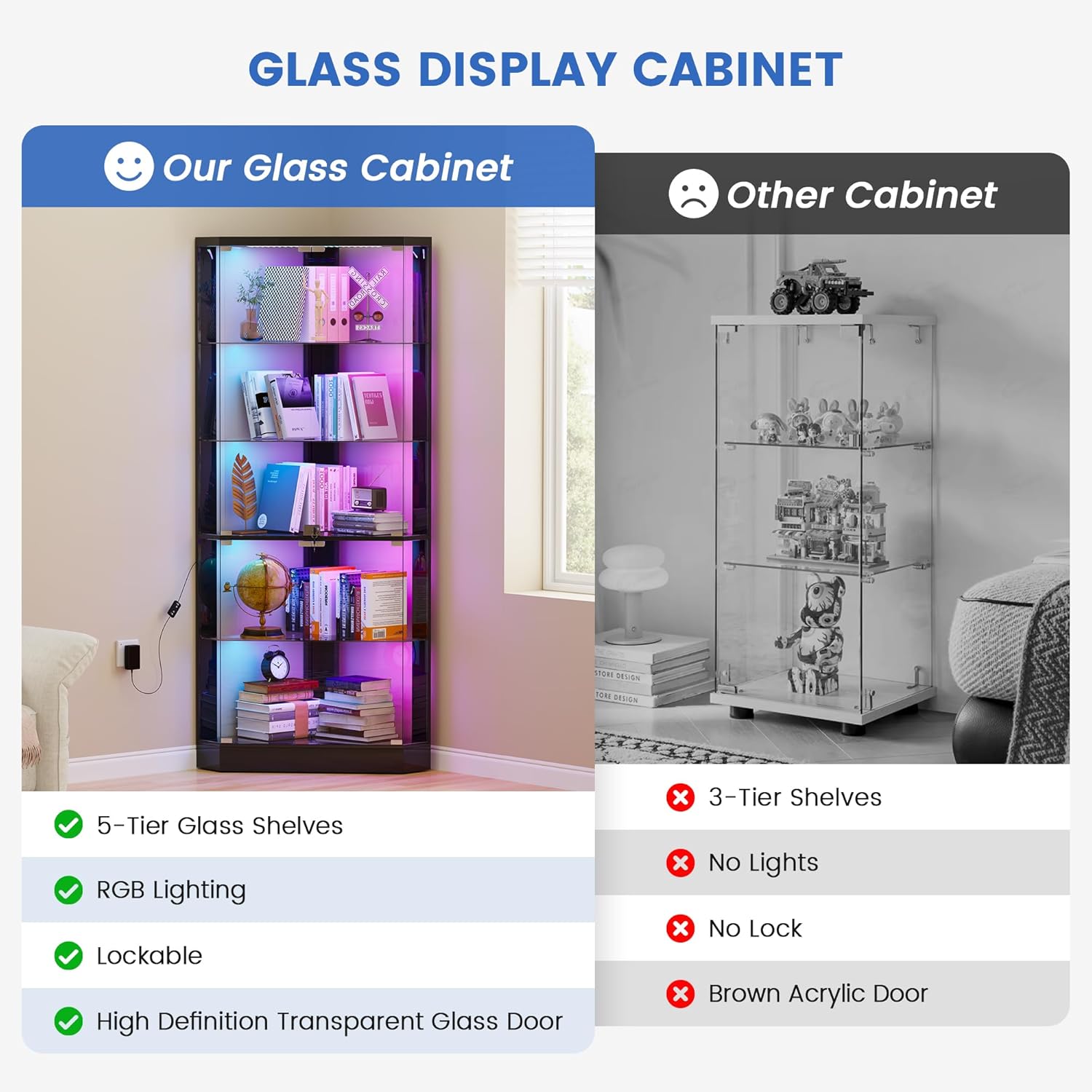 Lvifur Corner Display Cabinet with RGB Lights,5-Tiers Curio Cabinet Display Case with Lock,69" Tall Showcase Display Shelf for Collectibles, Living Room Bookcase Glass Display Cabinet,Black