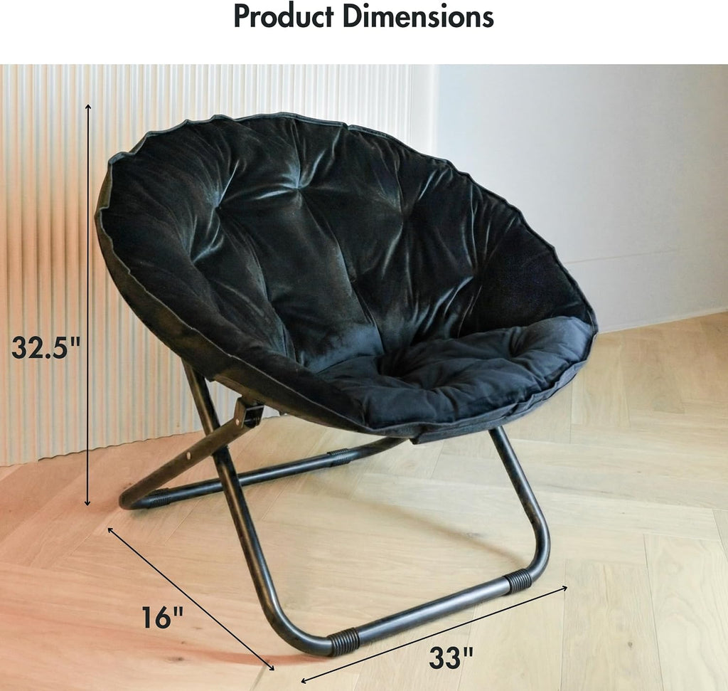 Comfy Faux Fur Saucer Chair for Adults, Foldable Moon Chair with Metal Frame, Soft Padded Lounge Chair for Bedroom, Dorm & Gaming, Large Cozy Circle Chair for Teens & Adults (Black)