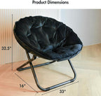 Comfy Faux Fur Saucer Chair for Adults, Foldable Moon Chair with Metal Frame, Soft Padded Lounge Chair for Bedroom, Dorm & Gaming, Large Cozy Circle Chair for Teens & Adults (Black)