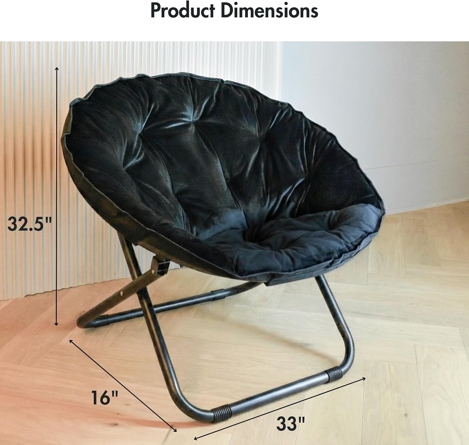 Comfy Faux Fur Saucer Chair for Adults, Foldable Moon Chair with Metal Frame, Soft Padded Lounge Chair for Bedroom, Dorm & Gaming, Large Cozy Circle Chair for Teens & Adults (Black)