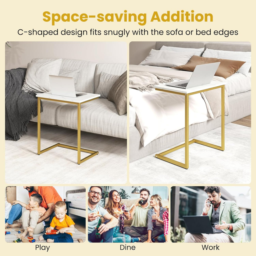 GOFLAME Nesting Coffee Tables Set of 3, Rectangular Nesting Center Table with Faux Marble Top & Metal Frame, Modern C-Shaped Nested Side Table Set for Living Room, Bedroom, Gold & White