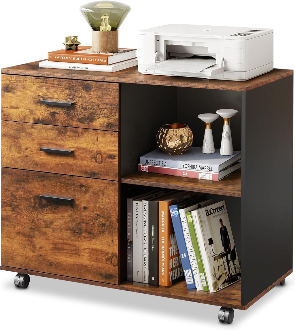 DEVAISE 3 Drawer Wood File Cabinet, Rolling Filing Cabinet with Open Storage Shelf, Printer Stand for Home Office Storage and Organization, Fits Letter/A4 Files (Rustic Brown, Wood)