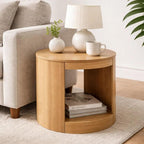 Benzara Sery Side End Table, 22 Inch Round Top with Open Lower Shelf, Oak Brown