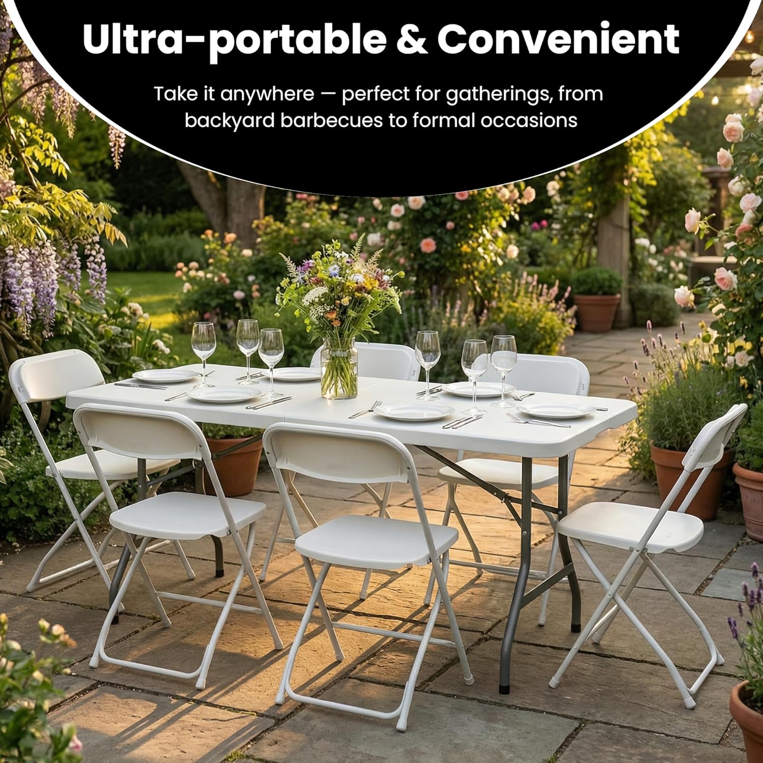 5 Pack of 6 Foot Foldable Table with Built in Handle & Steel Legs, 6FT Portable Heavy Duty Plastic Folding Tables for Parties, Dining, Wedding, Events, Picnic, Indoor & Outdoor, Camping, Utility