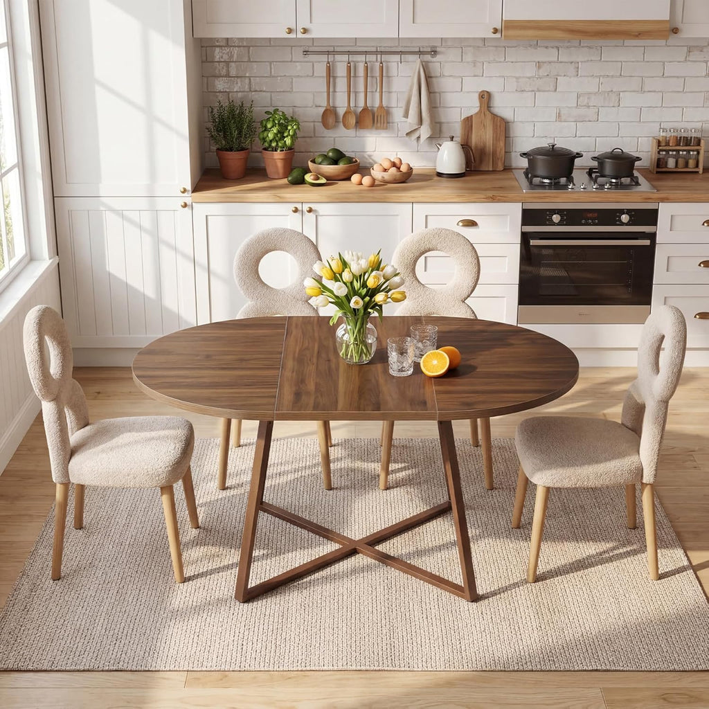 LITTLE TREE 59-Inch Oval Wooden Dining Table for 4-6, Kitchen Round Table with Metal Cross Base, Modern Farmhouse Dining Table for Small Space, Dining Room, Apartment, Living Room, Walnut (Table Only)