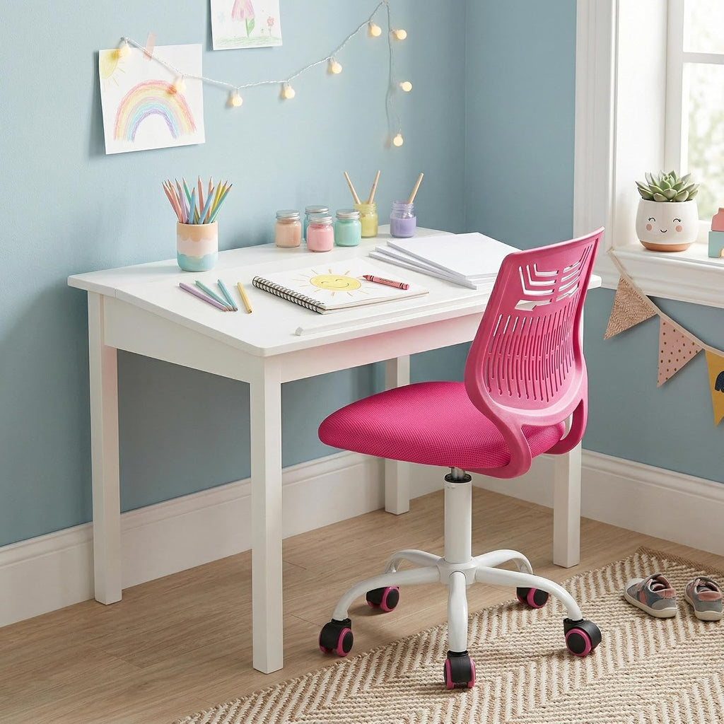 FurnitureR Desk Chair Armless Cute Home Office Desk Chair for Kids, Swivel Computer Task Chair Study Chair with Mesh Padded Cushion and Rolling Wheels for Child, Pink