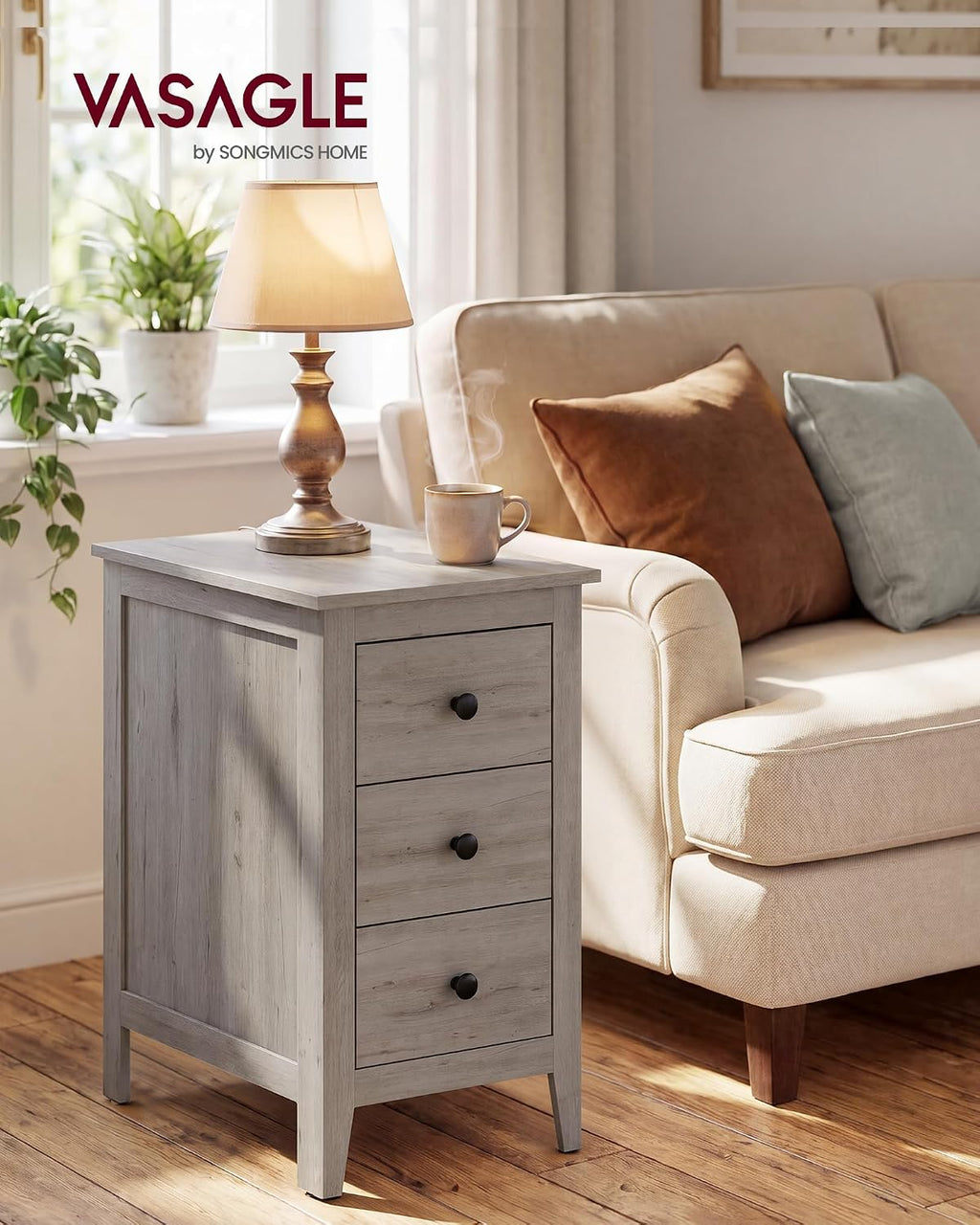 VASAGLE Liry Collection-Farmhouse Side End Table with 3 Drawers, Slim Nightstand with Storage, Narrow Bedside Table for Living Room, Bedroom, Office, Washed Gray, ULET132G101S