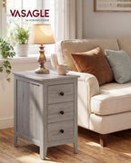 VASAGLE Liry Collection-Farmhouse Side End Table with 3 Drawers, Slim Nightstand with Storage, Narrow Bedside Table for Living Room, Bedroom, Office, Washed Gray, ULET132G101S