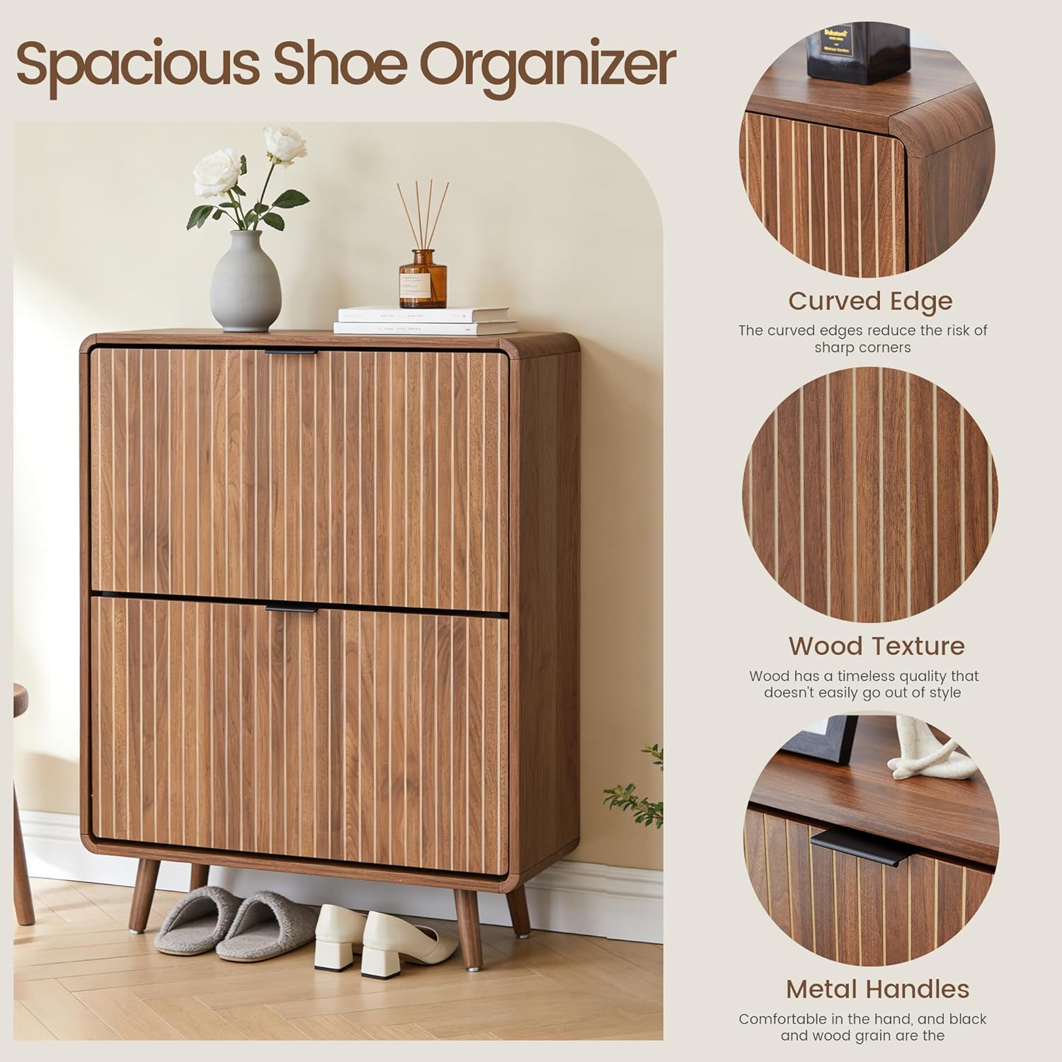 FurSch Fluted Shoe Storage Cabinet with 2 Flip Drawers, Narrow Shoe Rack Cabinet Organizer with Adjustable & Removable Shelves for Entryway (All Walnut, 2 Drawers)