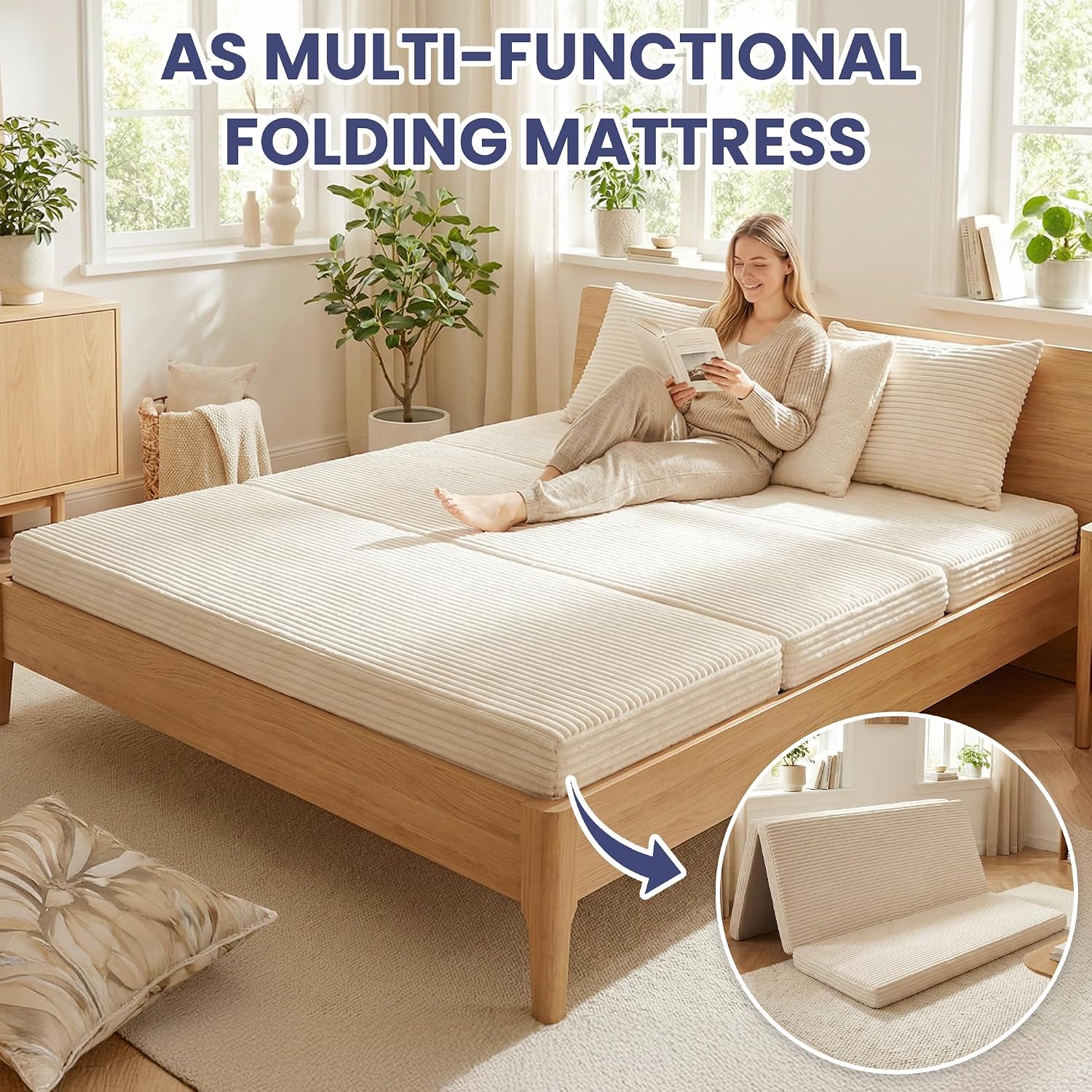Convertible Sofa Bed, 4-in-1 Boneless Loveseat with Removable Armrests Backrest, Corduroy Futon Couch Bed with Pillow, Foldable Mattress Sleeper Sofa for Living Room Bedroom Small Place (Beige)
