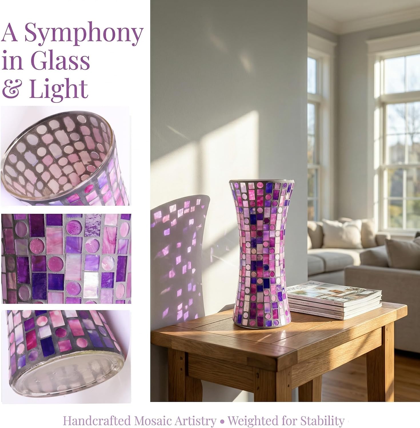 11.6" H Purple Red Mosaic Vase, Exquisite Handmade Craftsmanship Tall Glass Vase, Modern Hourglass Art Centerpiece with Dreamy Geometric Pattern for Home & Office Decor, Unique Gift