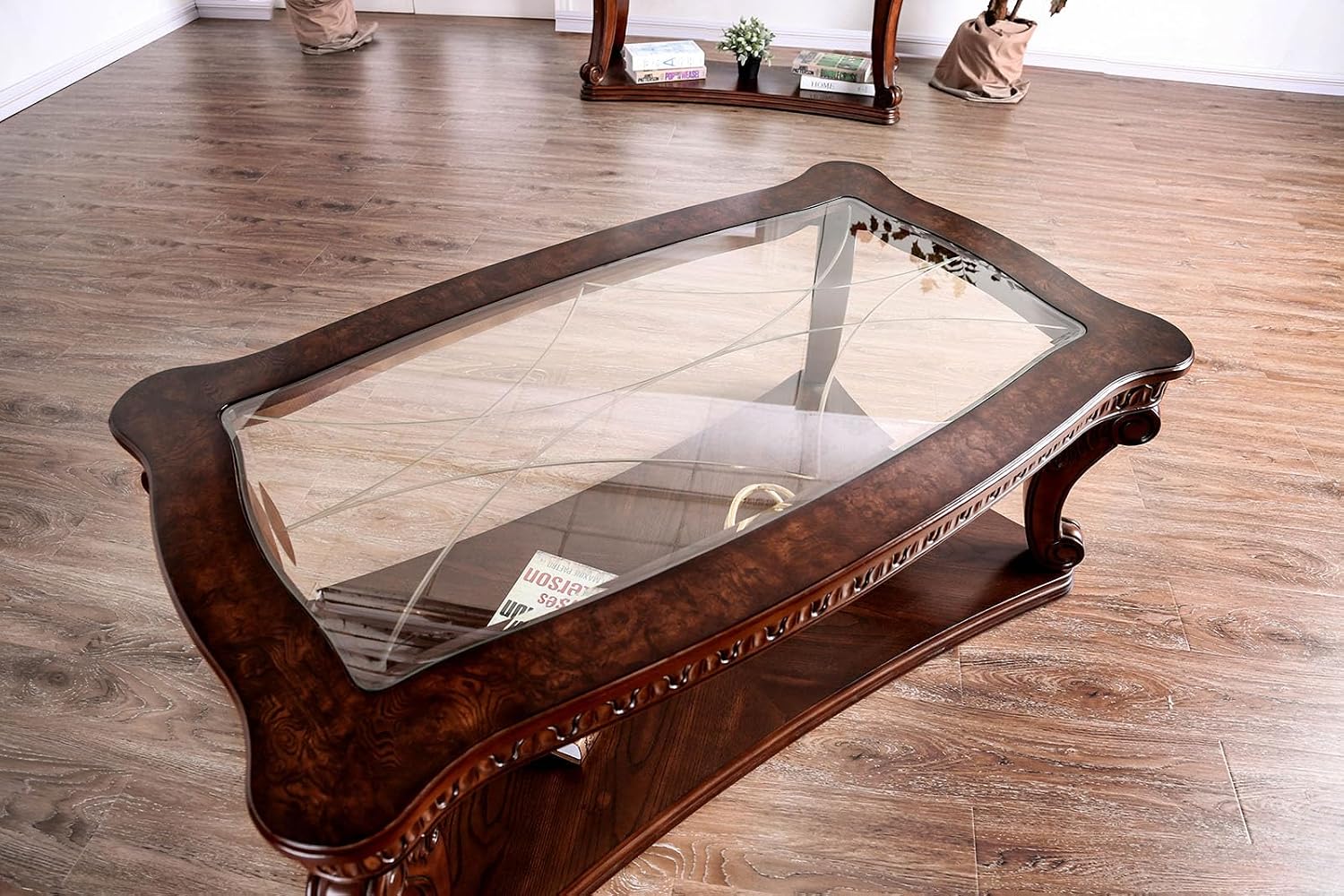 Style Coffee Table 5mm Tempered Glass Top Legs Carved Dark Oak End Table Not Included