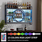 3-Tiers 47in Wine Rack Wall Mounted with Upgarded LED, Floating Bar Shelves with Wine Glass Holder Hanging Industrial Liquor Shelf, Wall-Mounted Wine Racks Cabinets for Home Bar, No Assembly Required