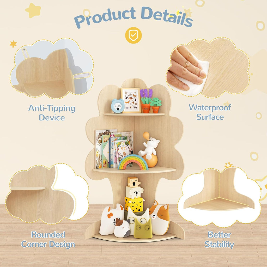 Curipeer Tree Kids Bookshelf, Corner Bookshelf Kids, Bookshelf for Kids, Baby Bookshelf and Toy Storage, Wooden Kids Bookcase, Toddler Book Shelf Organizer for Kids Rooms, Nursery, Natural Wood