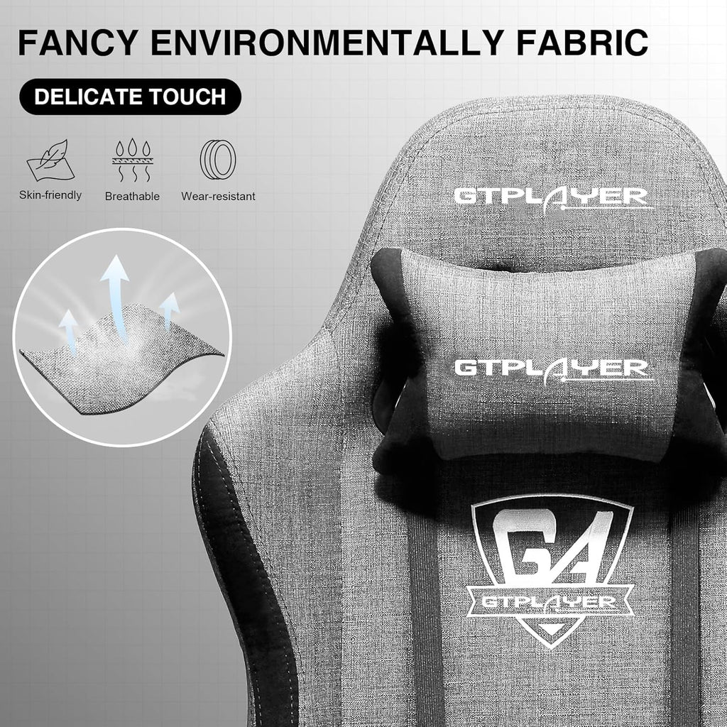 GTPLAYER Gaming Chair with Footrest, Fabric Breathable Big and Tall Ergonomic Computer Chair 350 lbs with Adjustable Lumbar Support and Recliner, High Back Game Chair for Office Gaming, Grey
