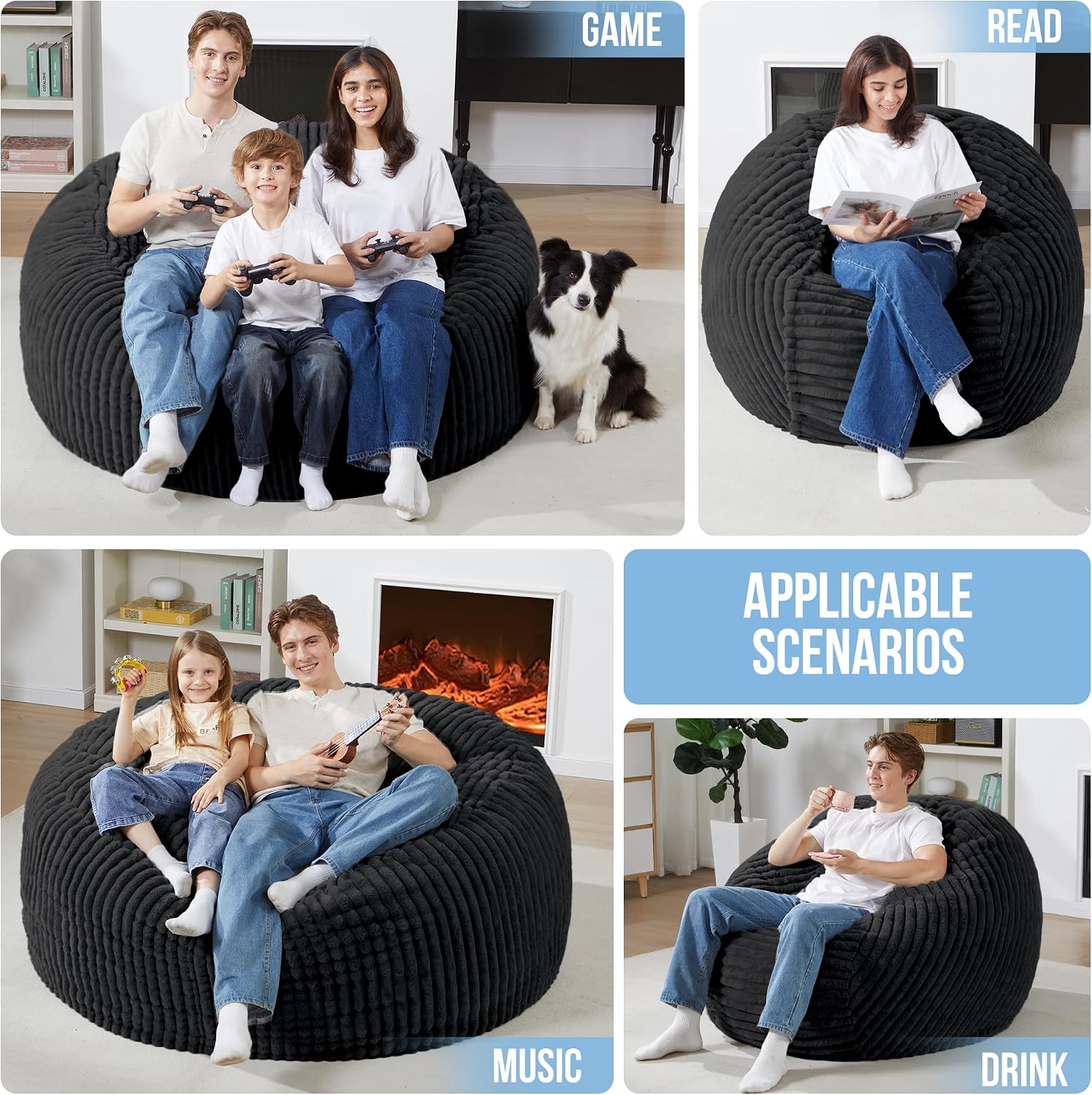 Homguava 3 FT Bean Bag Chair,3' Big Bean Bag,Large Bean Bag Chairs for Adults with Memory Foam Filled,Comfy Beanbag Chairs Soft Bean Bag Sofa with Dutch Corded Plush Cover-Jet Black