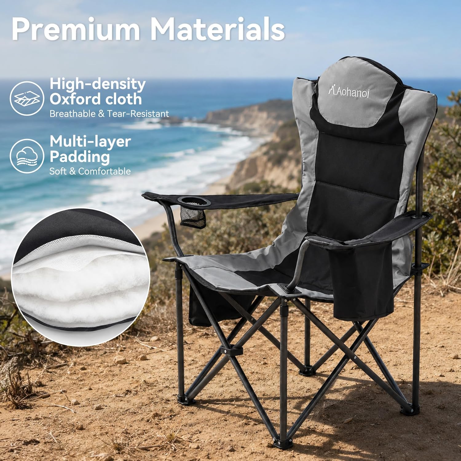 Aohanoi Camping Chairs for Heavy People,Folding Lawn Chairs for Outside Heavy Duty,Outdoor Oversized Chairs for Adult with Cup Holder and Large Cooler Bag,Beach Camp Chairs Supports up to 500lbs