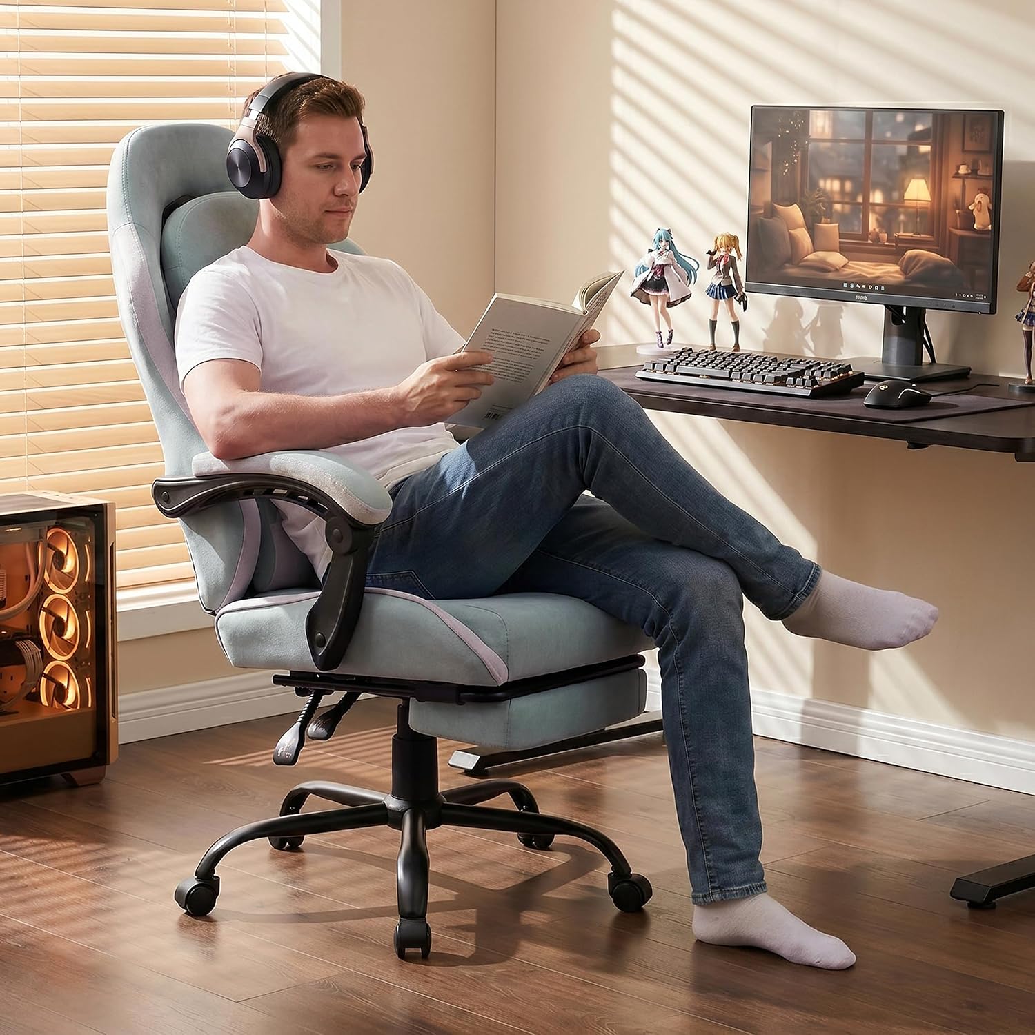 Shintenchi Gaming Chair, Ergonomic Office Chair with Footrest, Lumbar Support and Linkage Armrests, Swive Home Video Game Chairs for Adults, Blue