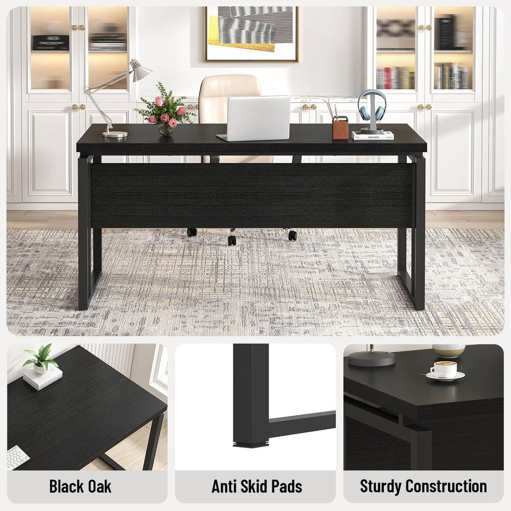 EXCEFUR Black Desk for Home Office, Modern Computer Desk, Wood and Metal Writing Study Table for Workstations, Living Room, Bedroom, 53 Inch