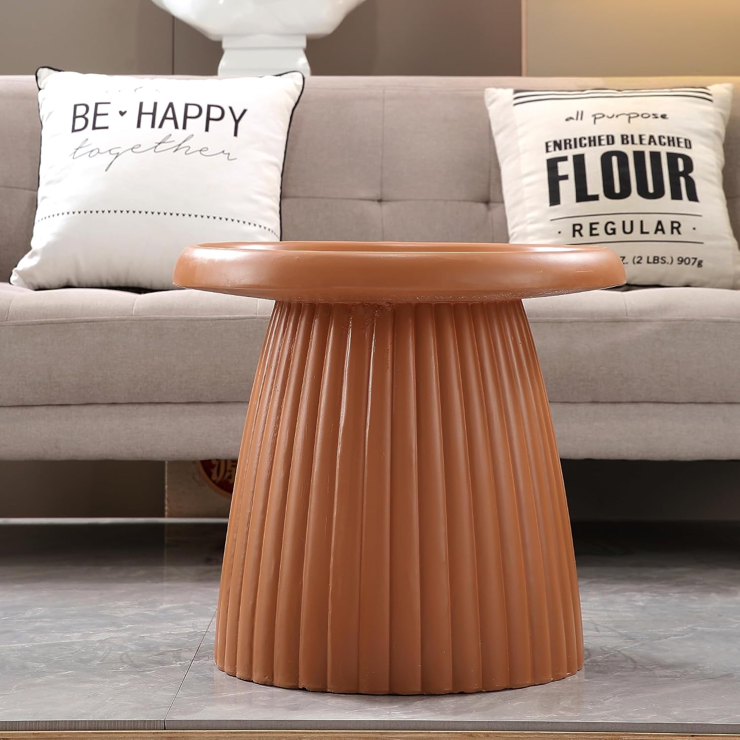 19.69" Round Light Terracotta MGO End Table for Indoors and Outdoors, Mid-Century Modern Magnesium Oxide Fluted Base Side Table, Circle Fluted End Table for Living Room Patio