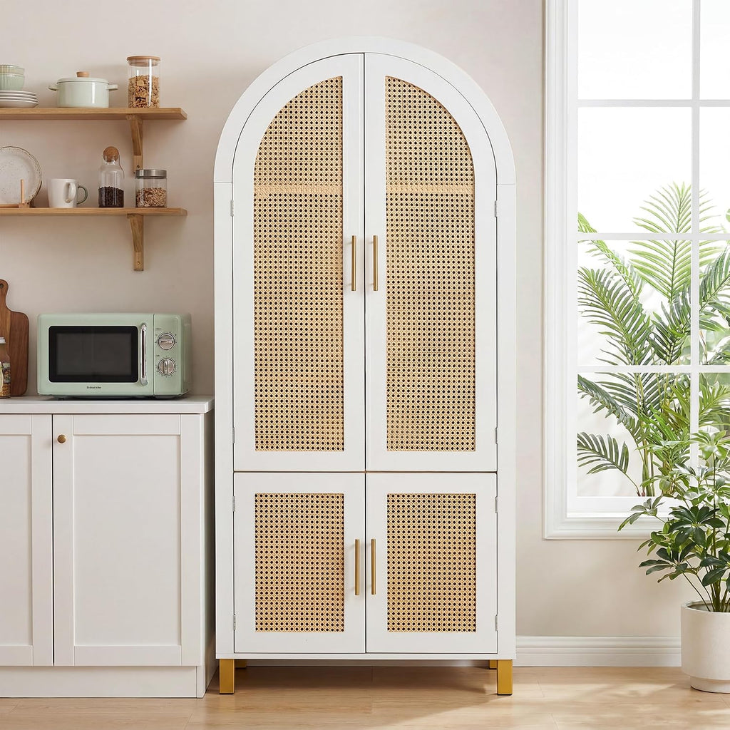 Polibi 71" Tall 4-Door Arched Cabinet, MDF Rattan Door Storage with Adjustable Shelves, Built-in Racks & 4 Support Legs, Farmhouse Pantry Cabinet for Kitchen & Dining Room, White