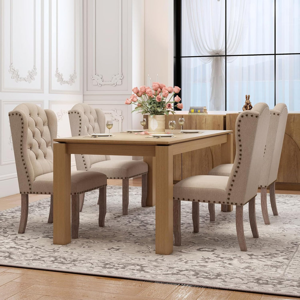 Ya-Home Modern Tufted Dining Chairs Set of 8, Upholstered Kitchen Side Accent Chairs with Wingback Nail Trims Wood Legs, Farmhouse Guest Chairs for Dining/Living Room, Linen Beige