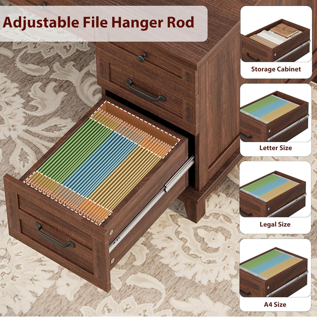 Garvee 60" Wooden Home Office Desk with File Drawers, Executive Desk with Adjustable Cabinet, Farmhouse Wood Desk with Power Outlet, Distressed Study and Work Table, Rustic Brown